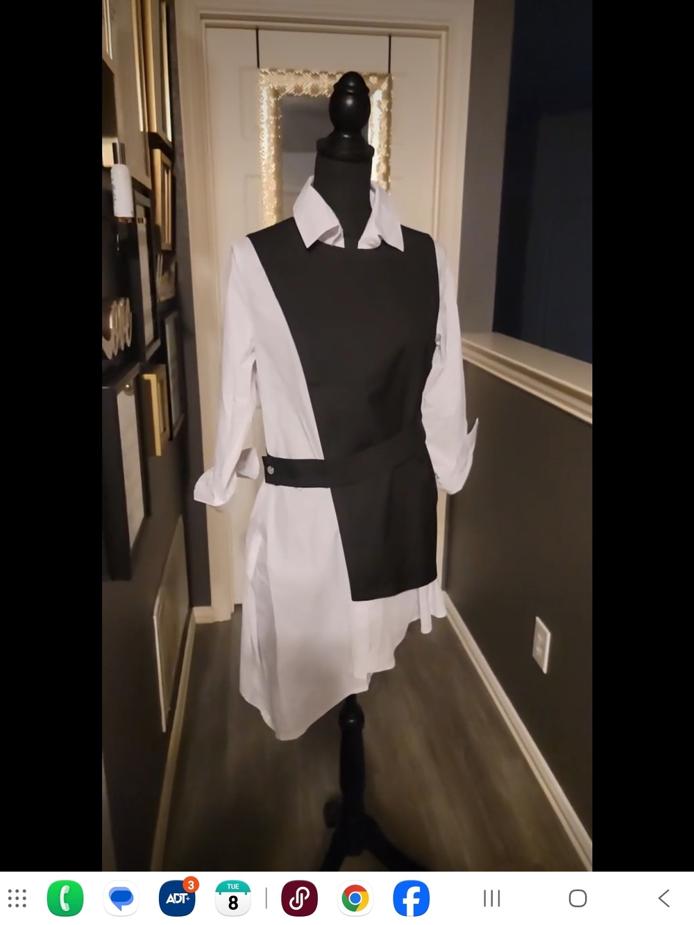 Structured Black and White Shirt Dress with Asymmetrical Apron Panel